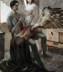 Rule 34 | 1girl, 2boys, angel wings, bent over, black footwear, black hair, black skirt, blood, chair, doctor, fantasy, feathered wings, feathers, head out of frame, holding, indoors, jacket, kneeling, lab coat, long skirt, long sleeves, medical, mouth hold, multiple boys, nurse, office chair, open clothes, open jacket, original, shirt, shoes, single wing, sitting, skirt, sleeves pushed up, standing, string, surgery, swivel chair, tile floor, tiles, topless, white feathers, white jacket, white shirt, wings, yoshimura hitomi