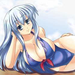 Rule 34 | 1girl, adapted costume, blue hair, breasts, cleavage, easily, female focus, kamishirasawa keine, large breasts, long hair, lying, one-piece swimsuit, grey eyes, silver hair, smile, solo, swimsuit, touhou