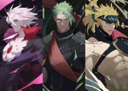 Rule 34 | 3boys, abs, absurdres, achilles (fate), armor, bishounen, blonde hair, blue eyes, cape, chest harness, earrings, fate/grand order, fate (series), green hair, hair between eyes, harness, haruakira, headband, highres, igote, jewelry, karna (fate), large pectorals, long hair, looking at viewer, male focus, multiple boys, muscular, muscular male, official alternate costume, open mouth, pale skin, pectorals, sakata kintoki (fate), sakata kintoki (heian warrior attire) (fate), short hair, single bare shoulder, weapon, white hair, yellow eyes