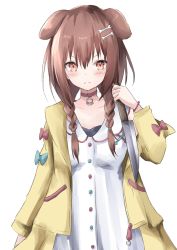 Rule 34 | 1girl, animal ears, bare shoulders, blue bow, bone hair ornament, bow, braid, brown eyes, brown hair, cartoon bone, dog ears, dress, eyebrows hidden by hair, hair between eyes, hair ornament, hair over shoulder, hand up, hayashi maka, highres, holding, holding knife, hololive, inugami korone, inugami korone (1st costume), jacket, knife, long hair, long sleeves, looking at viewer, off shoulder, open clothes, open jacket, red bow, simple background, sleeveless, sleeveless dress, solo, twin braids, v-shaped eyebrows, virtual youtuber, white background, white dress, yellow jacket