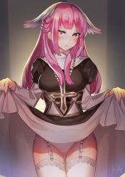 Rule 34 | 1girl, artist name, blush, breasts, clothes lift, commentary, dress, garter straps, heart, heart-shaped pupils, kgr, lace, lace-trimmed legwear, lace trim, lifted by self, long hair, looking at viewer, medium breasts, panties, pink hair, priest (tree of savior), simple background, skirt, skirt lift, solo, symbol-shaped pupils, thighhighs, tree of savior, twitter username, underwear, white background, white panties, white thighhighs