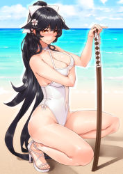 Rule 34 | 1girl, azur lane, bare arms, bare shoulders, beach, black hair, blush, bokken, bow, breasts, brown eyes, casual one-piece swimsuit, cleavage, closed mouth, criss-cross halter, day, feet, full body, hair bow, hair flaps, hair ribbon, halterneck, hayama kazusa, high ponytail, highleg, highleg swimsuit, highres, holding, holding sword, holding weapon, horizon, large breasts, light frown, long hair, looking at viewer, navel, nose blush, ocean, one-piece swimsuit, outdoors, ponytail, ribbon, sandals, shadow, shiny skin, solo, squatting, straight hair, swimsuit, sword, takao (azur lane), takao (beach rhapsody) (azur lane), toeless footwear, toes, very long hair, weapon, white bow, white one-piece swimsuit, white ribbon, wooden sword