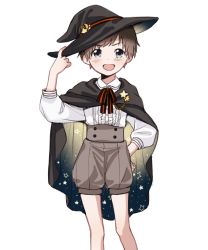 Rule 34 | 1boy, brown hair, cape, child, green eyes, hand on own hip, hat, highres, looking at viewer, male focus, open mouth, original, piko (pixiv), short hair, shorts, solo, white background, witch hat