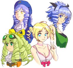 Rule 34 | 4girls, absurdres, aqua eyes, ascot, blonde hair, blue eyes, blue hair, blue headwear, blush, breasts, catherine, catherine (game), choker, cleavage, closed mouth, collarbone, commentary, dlanor a. knox, drill hair, elgala, english commentary, excel saga, goggles, goggles on head, hair intakes, hair ribbon, hairstyle connection, hand up, hat, highres, light blue hair, light green hair, light purple hair, long hair, maria balthasar, medium breasts, multiple girls, no pupils, pink choker, ribbon, short hair, simple background, smile, twin drills, umineko no naku koro ni, v, white ascot, white background, xenogears, yellow eyes, yellow ribbon, zawabug