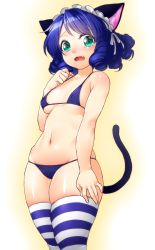 Rule 34 | 10s, 1girl, animal ears, bikini, blue bikini, blue hair, blush, breasts, cat ears, cat tail, cowboy shot, curly hair, cyan (show by rock!!), drill hair, fang, gradient background, green eyes, looking at viewer, maid headdress, micro bikini, navel, onsoku inu, open mouth, plump, short hair, show by rock!!, skindentation, small breasts, solo, striped clothes, striped thighhighs, swimsuit, tail, thighhighs, thighs