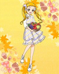 Rule 34 | 1girl, apple, basket, blonde hair, dress, food, fruit, full body, grapes, hair ornament, hair scrunchie, highres, kasugano urara (yes! precure 5), long hair, official art, open mouth, pear, plaid, plaid dress, precure, precure connection puzzlun, scrunchie, short bangs, smile, solo, third-party source, twintails, white footwear, yellow eyes, yes! precure 5