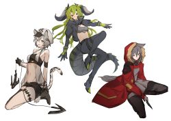3girls, animal ears, aonogura, arknights, bandeau, black footwear, black gloves, black jacket, black legwear, black pants, black shorts, black tubetop, boots, breasts, brown eyes, checkered, checkered headwear, cliffheart (arknights), closed mouth, coat, commentary, dagger, dinosaur tail, dragon tail, earrings, estelle (arknights), full body, fur-trimmed hood, fur trim, gloves, green gloves, green hair, grey shirt, hair between eyes, hat, highres, holding, holding dagger, holding weapon, hood, hooded coat, hook, horns, jacket, jewelry, kneeling, leopard ears, leopard tail, long hair, looking at viewer, mask around neck, multiple girls, navel, open clothes, open coat, open jacket, open mouth, oripathy lesion (arknights), pants, projekt red (arknights), red coat, red eyes, red jacket, shirt, short hair, short shorts, shorts, silver eyes, silver hair, simple background, single earring, single thighhigh, small breasts, smile, squatting, stomach, strapless, tail, tassel, tassel earrings, thigh strap, thighhighs, tubetop, two-tone gloves, weapon, white background, white headwear, wolf ears, wolf tail