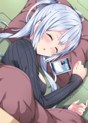 Rule 34 | 1girl, ahoge, black sweater, breasts, closed eyes, from above, highres, indoors, long hair, lying, matoi (pso2), medium breasts, milkpanda, on side, open mouth, phantasy star, phantasy star online 2, pillow, sideboob, silver hair, sleeping, solo, sweater