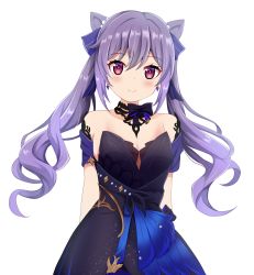 Rule 34 | 1girl, bare shoulders, black bow, black dress, blue bow, bow, breasts, closed mouth, collarbone, commentary request, cone hair bun, dress, genshin impact, hair bow, hair bun, highres, keqing (genshin impact), keqing (opulent splendor) (genshin impact), koyuki (azumaya999), long hair, looking at viewer, purple hair, red eyes, sidelocks, simple background, small breasts, smile, solo, strapless, strapless dress, twintails, very long hair, white background