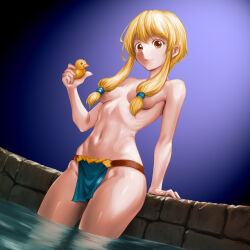 Rule 34 | 1girl, blonde hair, breasts, closed mouth, from below, groin, hair over breasts, hand up, highres, holding, loincloth, long hair, minamoto80486, navel, orange eyes, ribs, rubber duck, short hair with long locks, small breasts, smile, solo, standing, thighs, wading, water, wizardry