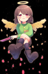 Rule 34 | 1girl, black socks, brown footwear, brown hair, brown shorts, chara (undertale), crossed legs, flower, green sweater, hand on own face, heart, heart necklace, holding, holding knife, jewelry, knife, looking at viewer, looking down, necklace, red eyes, shoes, short hair, shorts, sitting, smile, socks, striped clothes, striped sweater, sweater, undertale, wings, xox xxxxxx, yellow flower