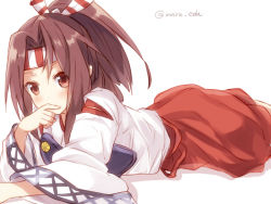 Rule 34 | 10s, 1girl, brown eyes, brown hair, covering own mouth, headband, japanese clothes, kantai collection, lying, maruki (punchiki), muneate, on stomach, ponytail, simple background, solo, twitter username, white background, zuihou (kancolle)