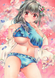 Rule 34 | 1girl, bikini, blue bikini, breasts, cleavage, flower, grey hair, hand to own mouth, highres, jingei (kancolle), kantai collection, large breasts, looking at viewer, marker (medium), navel, red eyes, saya pr, solo, swimsuit, traditional media, underboob