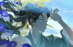 Rule 34 | 1boy, absurdres, aqua eyes, aqua kimono, black hair, blue eyes, blue flower, blue sky, blurry, bud, day, depth of field, floating hair, flower, hair between eyes, hand up, haruno taku, high ponytail, highres, hot, japanese clothes, kimono, long hair, long sleeves, looking away, looking to the side, male focus, morning glory, nature, original, parted lips, ponytail, portrait, sky, summer, sweat, trellis, white flower