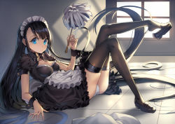 Rule 34 | 1girl, absurdly long hair, apron, arm support, ass, bad id, bad pixiv id, black dress, black footwear, black hair, blue eyes, blunt bangs, bow, bowtie, breasts, brown thighhighs, carchet, cleavage, closed mouth, dress, frilled apron, frilled skirt, frills, holding, indoors, knees up, leg up, loafers, long hair, lying, maid, maid apron, maid headdress, medium breasts, on back, original, panties, pantyshot, puffy short sleeves, puffy sleeves, shoe dangle, shoes, short sleeves, sidelocks, skirt, solo, thighhighs, tile floor, tiles, underwear, very long hair, white panties, window, wrist cuffs