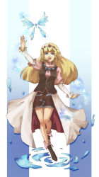 Rule 34 | 1girl, blonde hair, blue background, blue eyes, boots, cardinal777, dress, knee boots, long hair, merines, shirley fennes, solo, tales of (series), tales of legendia, teriques, water, yuuka seisen