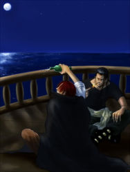 Rule 34 | 2boys, benn beckman, black jacket, boots, bottle, cigarette, full moon, indian style, jacket, jacket on shoulders, lighter, male focus, moon, multiple boys, night, ocean, one piece, outdoors, pouring, railing, red hair, reflection, sash, scenery, shanks (one piece), ship, sitting, smile, smoking, water, watercraft
