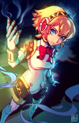 Rule 34 | 1girl, aegis (persona), alina l, android, blonde hair, blue eyes, breasts, collared shirt, commentary, finger gun, foot out of frame, gun, joints, leotard, looking at viewer, mechanical arms, medium breasts, persona, persona 3, red ribbon, ribbon, robot girl, robot joints, shirt, short hair, smoke, smoking gun, solo, symbol-only commentary, twitter username, weapon, white leotard