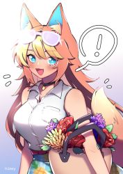 Rule 34 | !, 1girl, animal crossing, animal ears, audie (animal crossing), bag, blue eyes, blush, breasts, commentary, dress, english commentary, eyewear on head, fangs, flower, hair between eyes, handbag, highres, himey, humanization, jewelry, large breasts, long hair, necklace, nintendo, open mouth, outdoors, shirt, signature, smile, solo, speech bubble, sunglasses, sunlight, tail, tongue