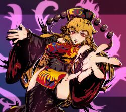 Rule 34 | 1girl, black headwear, blonde hair, bow, bowtie, chinese clothes, crescent, detached sleeves, highres, junko (touhou), karyodares, long hair, looking at viewer, nail polish, outstretched arms, phoenix crown, pom pom (clothes), red eyes, red nails, solo, tabard, tassel, thighs, touhou, very long hair, wide sleeves, yellow bow, yellow bowtie