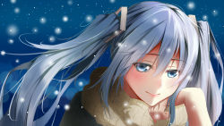 Rule 34 | 1girl, blue eyes, blue hair, female focus, hatsune miku, highres, long hair, looking at viewer, matching hair/eyes, qingchen (694757286), scarf, smile, snow, solo, twintails, vocaloid