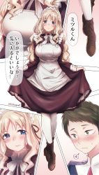 Rule 34 | 10s, 1boy, 1girl, alternate costume, apron, blonde hair, blue eyes, blush, breasts, brown hair, carrot (robosquat), check translation, comic, darling in the franxx, dress, frills, green eyes, heart, hetero, highres, kokoro (darling in the franxx), large breasts, maid, maid headdress, mitsuru (darling in the franxx), nervous, speech bubble, spoken heart, text focus, thighhighs, thought bubble, translation request, wavy mouth, white thighhighs