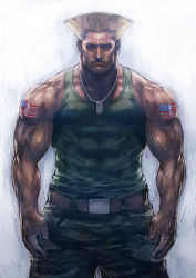 Rule 34 | 1boy, american flag, baggy pants, belt, blonde hair, boyaking, camouflage, capcom, dog tags, flattop, guile, male focus, muscular, pants, pectorals, realistic, solo, street fighter, tank top, tattoo, united states