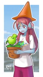 Rule 34 | 1girl, absurdres, ahoge, blue skin, bow, buernia, colored skin, crossover, hair bow, hair ornament, highres, long hair, minamoto sakura, open mouth, peashooter (pvz), plant, plants vs zombies, polka dot, polka dot bow, potted plant, red eyes, red hair, scar, scar on face, scar on forehead, shirt, side ponytail, t-shirt, traffic cone, zombie, zombie land saga