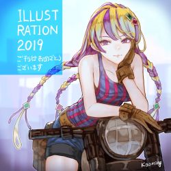 Rule 34 | 1girl, bare shoulders, blonde hair, braid, brown gloves, closed mouth, gloves, hair ornament, hand up, highres, kaoming, leaning forward, looking at viewer, motor vehicle, motorcycle, multicolored hair, original, purple eyes, purple hair, signature, solo, striped, twin braids, two-tone hair