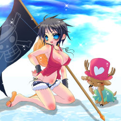 Rule 34 | 1girl, black hair, blue eyes, breasts, cleavage, cloud, covered erect nipples, flag, genderswap, genderswap (mtf), hat, jolly roger, large breasts, luffyko, midriff, monkey d. luffy, navel, okomelove, one piece, panties, pink hat, pirate, revealing clothes, sandals, short hair, short shorts, shorts, skull and crossbones, straw hat, striped clothes, striped panties, tony tony chopper, top hat, underwear, unzipped, wristband