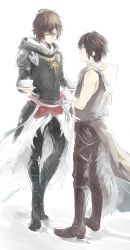Rule 34 | 2boys, armor, ayer, bandages, boots, brown hair, coffee, coffee cup, cup, disposable cup, fingerless gloves, gloves, granblue fantasy, guraburupenyo, height difference, highres, hood, hood down, male focus, multiple boys, red eyes, sandalphon (granblue fantasy), short hair