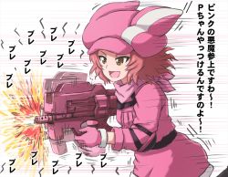 Rule 34 | 1girl, afterimage, animal ears, animal hat, brown eyes, bullpup, commentary, cosplay, firing, girls und panzer, gloves, gun, hat, highres, holding, holding weapon, jacket, llenn (sao), llenn (sao) (cosplay), long sleeves, medium hair, motion blur, motion lines, omachi (slabco), open mouth, p-chan (p90), p90, personal defense weapon, pink gloves, pink hat, pink jacket, pink scarf, rabbit ears, red hair, rosehip (girls und panzer), running, scarf, smile, solo, stand, standing, submachine gun, sword art online, sword art online alternative: gun gale online, translated, weapon
