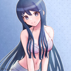 Rule 34 | 1girl, artist name, bare shoulders, blue background, blue eyes, bow, breasts, closed mouth, collarbone, danganronpa: trigger happy havoc, danganronpa (series), gradient background, hair between eyes, hair ornament, hairclip, highres, large breasts, leaning to the side, maizono sayaka, navel, official alternate costume, pink bow, smile, solo, stomach, toyatopa, upper body
