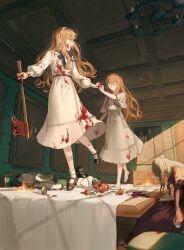 Rule 34 | 2girls, absurdres, axe, black footwear, black neckerchief, blood, blood on clothes, blood on face, blood on hands, booth seating, chair, cup, dress, fire, flower, hairband, highres, holding, holding axe, indoors, kotobuki nashiko, multiple girls, neckerchief, open mouth, original, rose, siblings, table, tablecloth, twins, unconscious, white dress