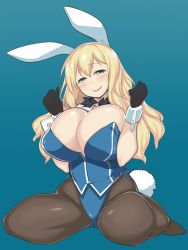 Rule 34 | 10s, 1girl, animal ears, atago (kancolle), blonde hair, blue background, breasts, cleavage, fake animal ears, gloves, green eyes, highres, huge breasts, kantai collection, long hair, looking at viewer, pantyhose, playboy bunny, rabbit ears, rabbit girl, sitting, smile, solo, sumemako, wariza