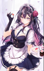 Rule 34 | 1girl, apron, azki (hololive), black hair, blue dress, blush, breasts, cake, cake slice, cleavage, dress, elbow gloves, falling petals, flower, food, frilled apron, frills, garter straps, gloves, hair flower, hair ornament, highres, holding, holding tray, hololive, long hair, looking at viewer, maid, maid apron, maid headdress, medium breasts, multicolored hair, petals, pink hair, purple eyes, smile, solo, thighhighs, tray, two-tone hair, virtual youtuber, waist apron, white apron, yuki haru