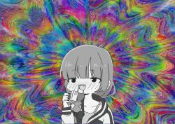 Rule 34 | 1girl, absurdres, alcohol, alcohol carton, blush, bocchi the rock!, braid, carton, commentary request, dorarin, dress, drunk, greyscale with colored background, highres, hiroi kikuri, jacket, long hair, open clothes, open jacket, psychedelic, sharp teeth, single braid, solo, teeth