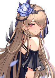 Rule 34 | 1girl, absurdres, bare shoulders, black dress, blue flower, blue rose, blurry, blurry foreground, blush, brown hair, closed mouth, detached sleeves, dress, flower, from side, hair flower, hair ornament, hair over one eye, highres, honkai (series), honkai impact 3rd, long hair, looking at viewer, looking to the side, mole, mole under eye, petals, purple eyes, rita rossweisse, rita rossweisse (fallen rosemary), rose, short sleeves, simple background, smile, solo, straight hair, thorns, upper body, very long hair, white background, zhourues