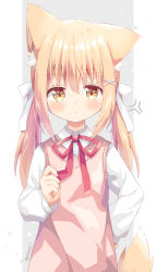 Rule 34 | 1girl, anger vein, animal ear fluff, animal ears, blonde hair, blush, bow, brown eyes, closed mouth, collared shirt, commentary request, grey background, hair between eyes, hair bow, hair ornament, hairclip, hand on own hip, highres, long hair, long sleeves, looking at viewer, low twintails, miike-chan, nakkar, neck ribbon, original, puffy long sleeves, puffy sleeves, red ribbon, ribbon, shirt, solo, sweater vest, tail, twintails, two-tone background, white background, white bow, white shirt, x hair ornament
