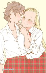 Rule 34 | 2girls, blonde hair, blush, brown hair, buttons, collarbone, collared shirt, commentary request, earrings, face-to-face, hand on another&#039;s shoulder, hand grab, jewelry, kishi torajirou, long hair, looking at another, multiple girls, official art, otome no teikoku, partially unbuttoned, plaid, plaid neckwear, plaid skirt, red skirt, school uniform, shirt, short hair, skirt, sleeves rolled up, smile, straight hair, wavy hair, white shirt, yellow background, yellow eyes, yuri