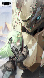 Rule 34 | 1girl, artist request, black gloves, black skirt, closed mouth, commentary, cropped, english commentary, faceless, faceless female, frown, gloves, goddess of victory: nikke, green hair, hairband, highres, jacket, kilo (nikke), long hair, mecha, official art, outdoors, pleated skirt, robot, second-party source, skirt, snowing, standing, tablet pc, talos (nikke)
