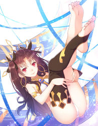 Rule 34 | 1girl, armlet, ass, asymmetrical legwear, asymmetrical sleeves, bare arms, bare legs, bare shoulders, barefoot, black detached sleeves, black hair, black ribbon, black thighhighs, blush, crown, detached sleeves, earrings, fate/grand order, fate (series), feet, female focus, foot focus, from above, full body, gem, hair ribbon, hoop earrings, ishtar (fate), jewelry, kibamigohann, leg hold, legs, legs up, lips, long hair, looking at viewer, lying, neck, neck ring, no shoes, on back, panties, red eyes, revealing clothes, ribbon, shiny skin, single sleeve, single thighhigh, smile, soles, solo, strapless, thighhighs, thighlet, toeless legwear, toes, tohsaka rin, two side up, type-moon, underwear, uneven legwear, uneven sleeves, white panties