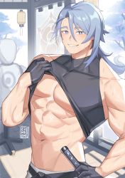 Rule 34 | 1boy, abs, artist name, bara, blue eyes, blue hair, clothes lift, genshin impact, heithanoll, highres, kamisato ayato, katana, looking at viewer, male focus, muscular, muscular male, pectoral cleavage, pectorals, shirt lift, smile, solo, sweat, sword, tank top, underpec, weapon