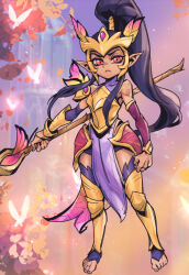 Rule 34 | 1girl, armor, bare shoulders, black hair, breastplate, clenched hand, covered collarbone, faerie court kalista, fairy, frown, gem, gold armor, holding, holding polearm, holding weapon, kalista, league of legends, long hair, multicolored background, nail polish, phantom ix row, pink nails, pointy ears, polearm, red eyes, shorts, shoulder plates, toenail polish, toenails, tree, very long hair, weapon