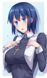 Rule 34 | 1girl, blue eyes, blue hair, breasts, ciel (tsukihime), cross, cross necklace, flying sweatdrops, hair between eyes, hands on own chest, highres, jewelry, large breasts, necklace, nun, open mouth, short hair, simple background, soukitsu, traditional nun, tsukihime