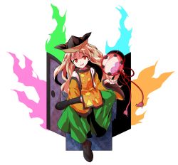 Rule 34 | 1girl, :d, alphes (style), black footwear, blonde hair, blue fire, boots, chair, circle, constellation, constellation print, dairi, detached sleeves, door, drum, eyebrows, facing away, fire, floating, floating object, full body, green fire, green skirt, hat, highres, instrument, long hair, long sleeves, looking at viewer, matara okina, open mouth, orange eyes, parody, purple fire, shirt, sitting, skirt, smile, solo, style parody, tabard, tareme, tassel, touhou, transparent background, triangle, tsuzumi, white shirt, wide sleeves
