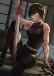 Rule 34 | 1girl, absurdres, angusbeef30, bare arms, bare shoulders, belt, black pants, blood, bloody weapon, boots, brown eyes, closed mouth, combat boots, commentary, dark green hair, english commentary, highres, holding, holding weapon, jujutsu kaisen, one eye closed, pants, scar, scar across eye, scar on arm, scar on face, short hair, sitting, sleeveless, solo, spoilers, sword, toned, weapon, zenin maki