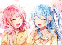 Rule 34 | 2girls, :d, ^ ^, bad id, bad pixiv id, bang dream!, blue hair, bouquet, cardigan, closed eyes, collared shirt, flower, frills, hair flower, hair ornament, hand to own mouth, holding, holding bouquet, jewelry, long hair, long sleeves, maruyama aya, matsubara kanon, minori (faddy), multiple girls, neck ribbon, necklace, one side up, open mouth, petals, pink flower, pink hair, pink shirt, ribbon, shirt, smile, upper body, white background, yellow cardigan