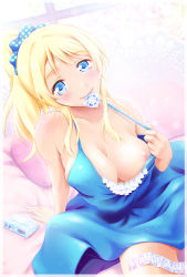 Rule 34 | 10s, 1girl, akkii (hnahon), ayase eli, blonde hair, blue eyes, breasts, condom, condom in mouth, dress, heart, heart-shaped pupils, highres, large breasts, long hair, looking at viewer, love live!, love live! school idol project, mouth hold, nipples, no bra, peeking out, ponytail, smile, solo, symbol-shaped pupils