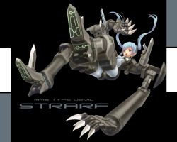 Rule 34 | 10s, 1girl, :o, armor, armored boots, black background, black bodysuit, blue hair, bodysuit, boots, busou shinki, falling, full body, long hair, machinery, mecha musume, open mouth, pointy ears, sabamu, silver hair, simple background, solo, strarf, thigh boots, thighhighs, twintails, wallpaper